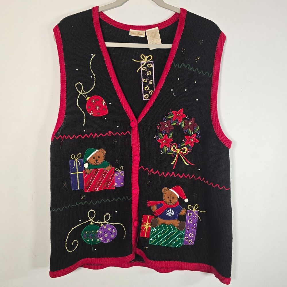BOBBIE BROOKS Womens Knit Christmas Holiday Sweater Vest L Applique Black